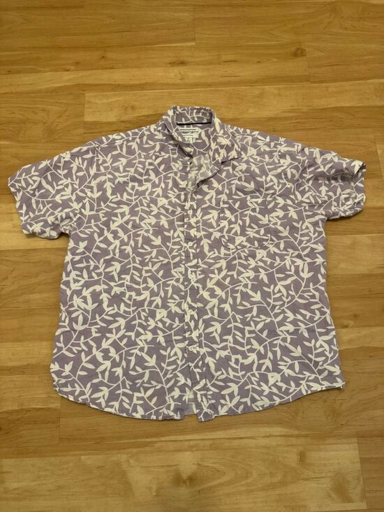 Amazon Essentials Other - Men's Lilac Short-Sleeve Button-Up Linen Cotton Shirt with White Leaf Print XL